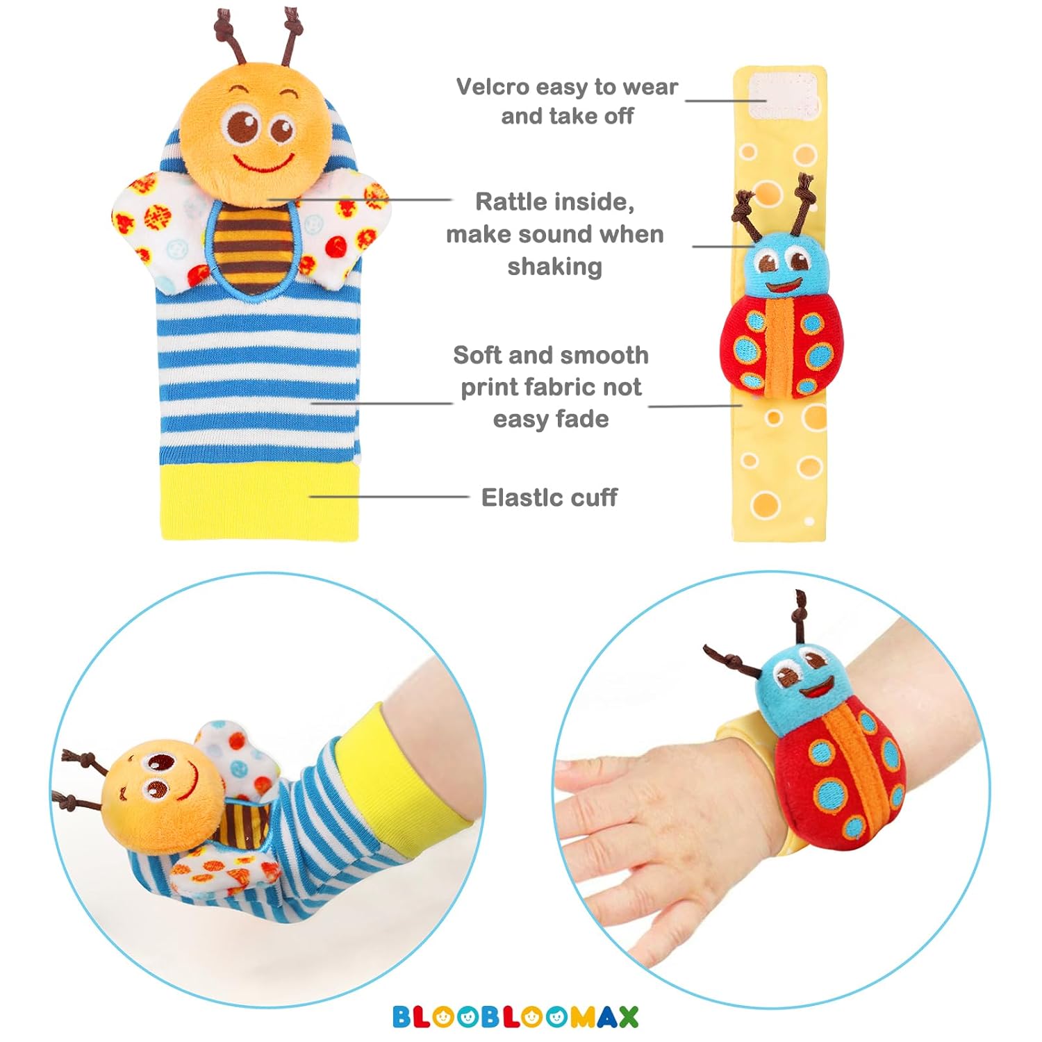 Bloobloomax Wrist Rattle Socks and Foot Finder Set, Infant Girl Boy To
