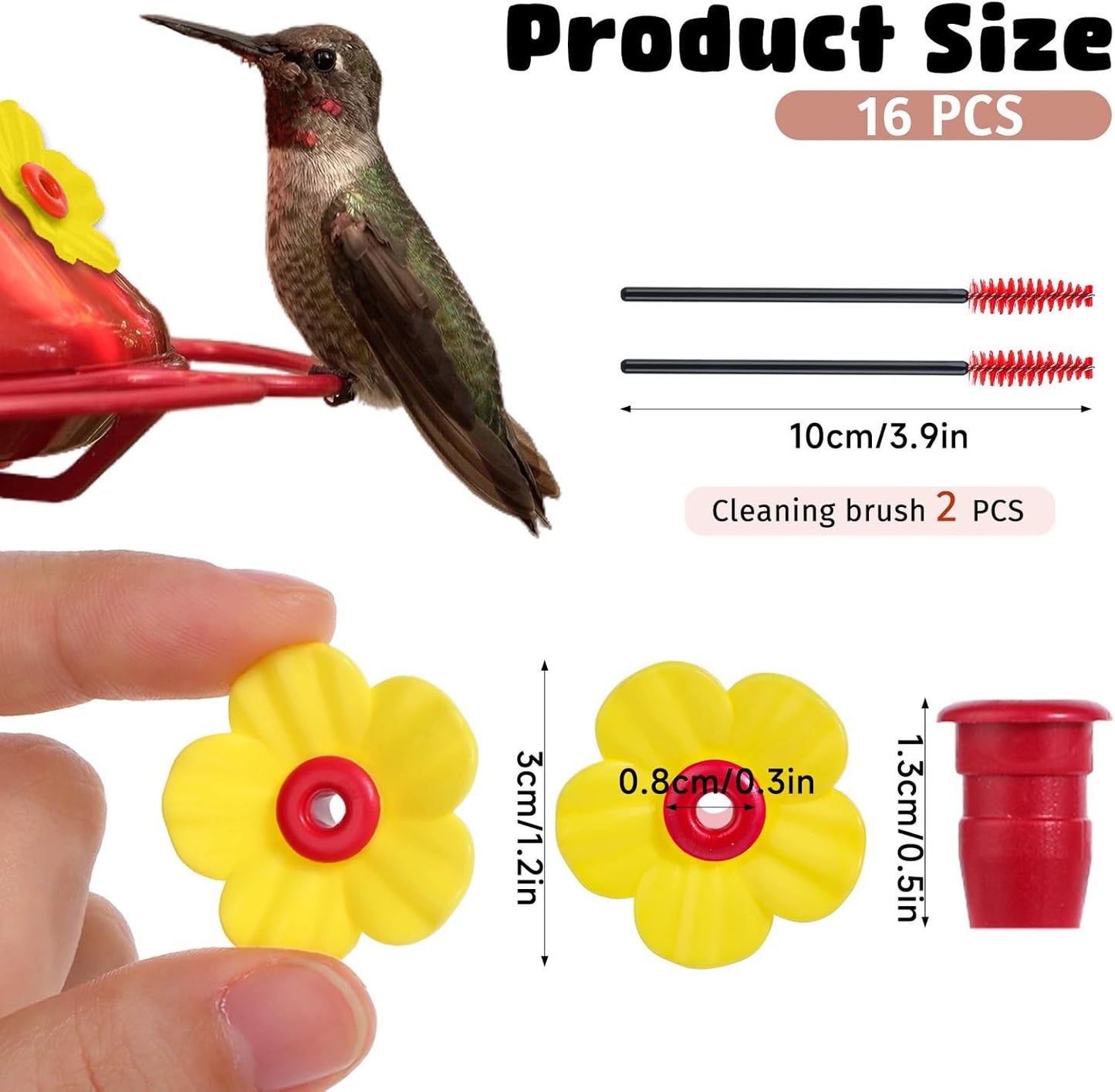 16Pcs Hummingbird Feeders Replacement Flowers with 2 Cleaning Brushes, Pet Hummingbird Feeder Parts Feeding Ports Bird Feeder Replacement Parts Accessories for Outdoor Hanging Feeders(Yellow)