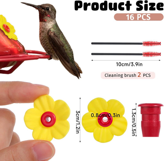 16Pcs Hummingbird Feeders Replacement Flowers with 2 Cleaning Brushes, Pet Hummingbird Feeder Parts Feeding Ports Bird Feeder Replacement Parts Accessories for Outdoor Hanging Feeders(Yellow)