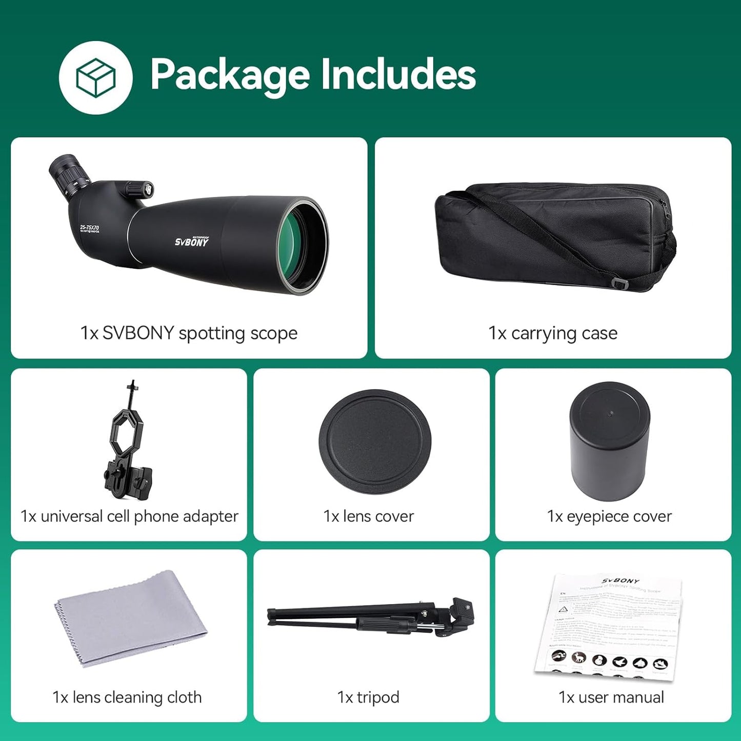 SVBONY SV28 Spotting Scopes with Tripod, 25-75x70 Spotting Scope with Phone Adapter, IP65 Waterproof Fogproof Spotter Scope for Target Shooting, Bird Watching