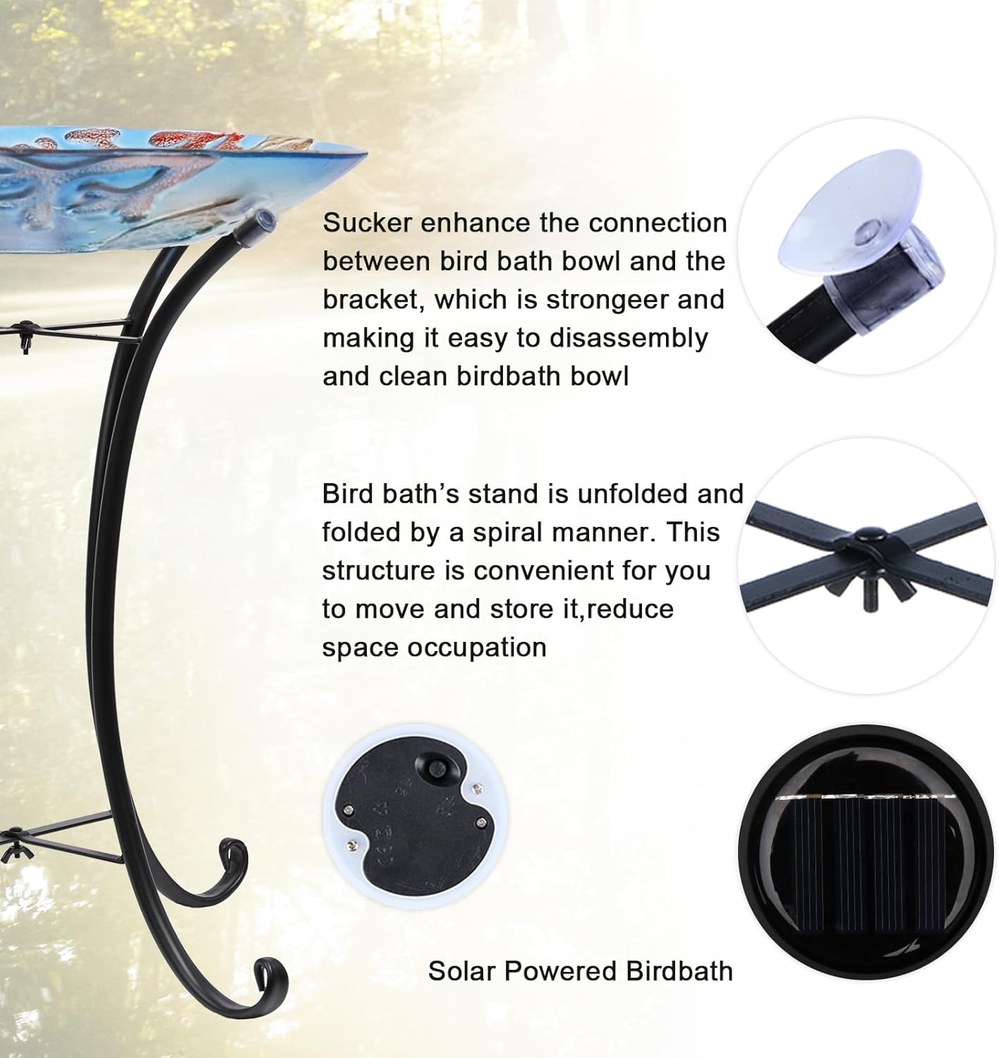 MUMTOP Outdoor Bird Bath, Large Glass Bird Baths Bowl with Metal Stand, Solar Turtle Birdbaths for Outside Garden Lawn Yard Decor, 18”Dia 21.65”Height