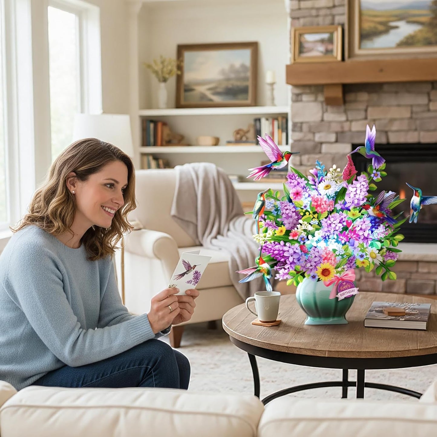 Birthday Cards, Light and Music Happy Birthday Card, Hummingbird Oasis, 10 Inch Life Sized Forever Flower Bouquet, 3D Pop Up Birthday Gift Card for Women Wife Mom Daughter Sister (Blank Notecard & Envelope)