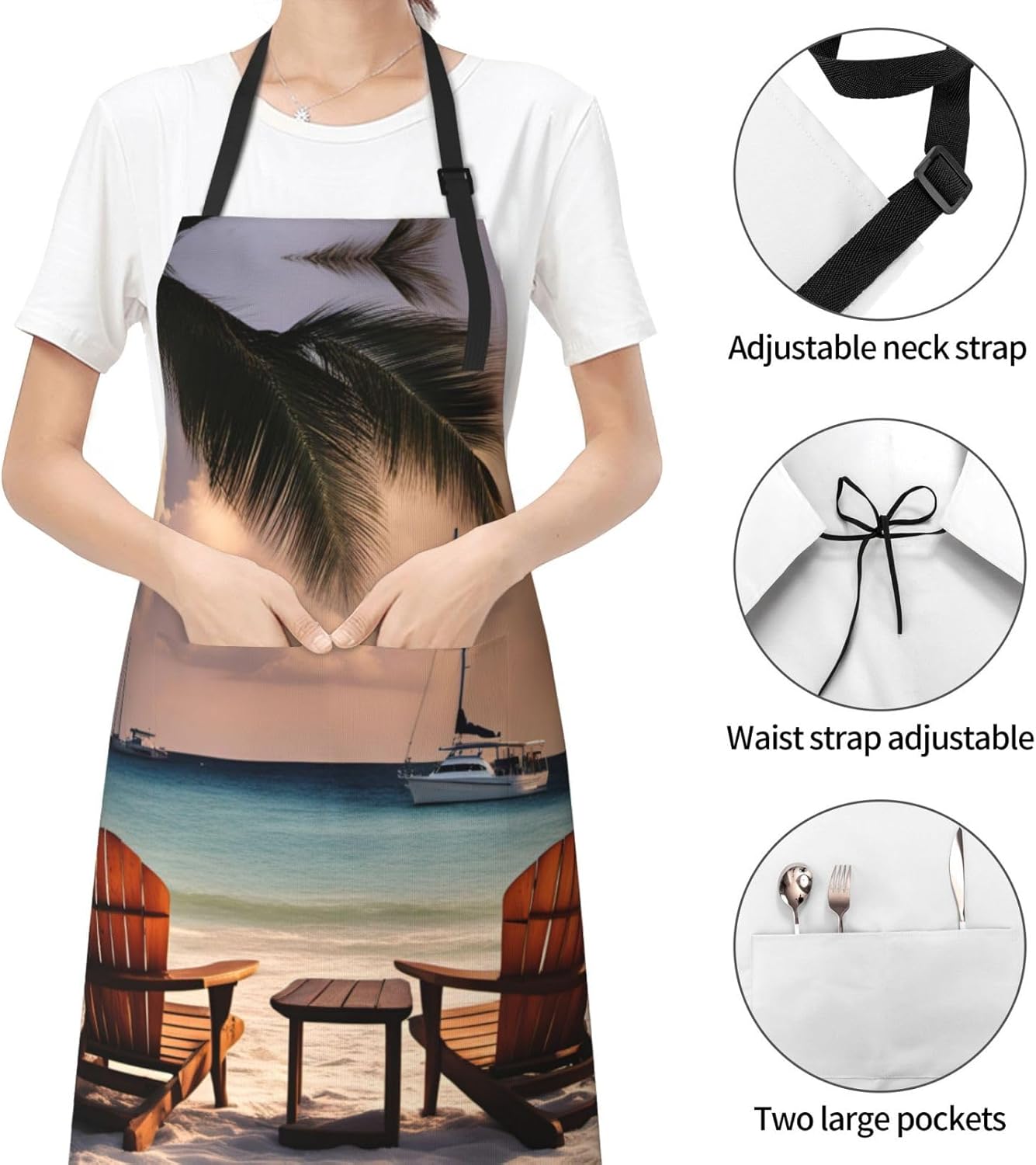 Beach Palm Tree Chairs Boats print Waterproof chef's apron with pocket apron for kitchen cooking baking barbecue and gardening