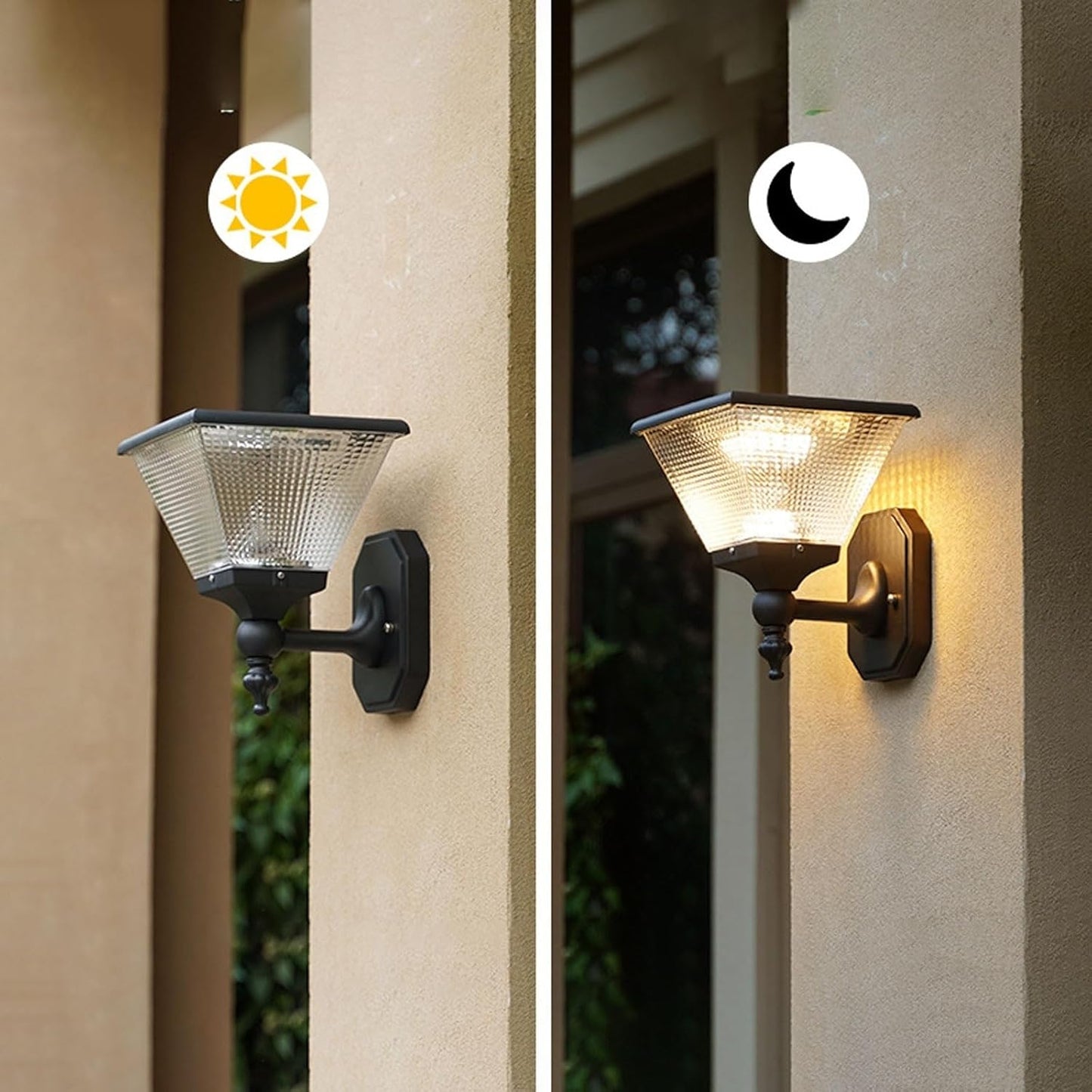 Outdoor Solar Wall Sconce Light Fixture, LED Dusk to Dawn Exterior Wall Lamp Mount, Automatic On/Off, Aluminum Black High Translucent PC Shade for Courtyard, Garden, Entryway Cottage