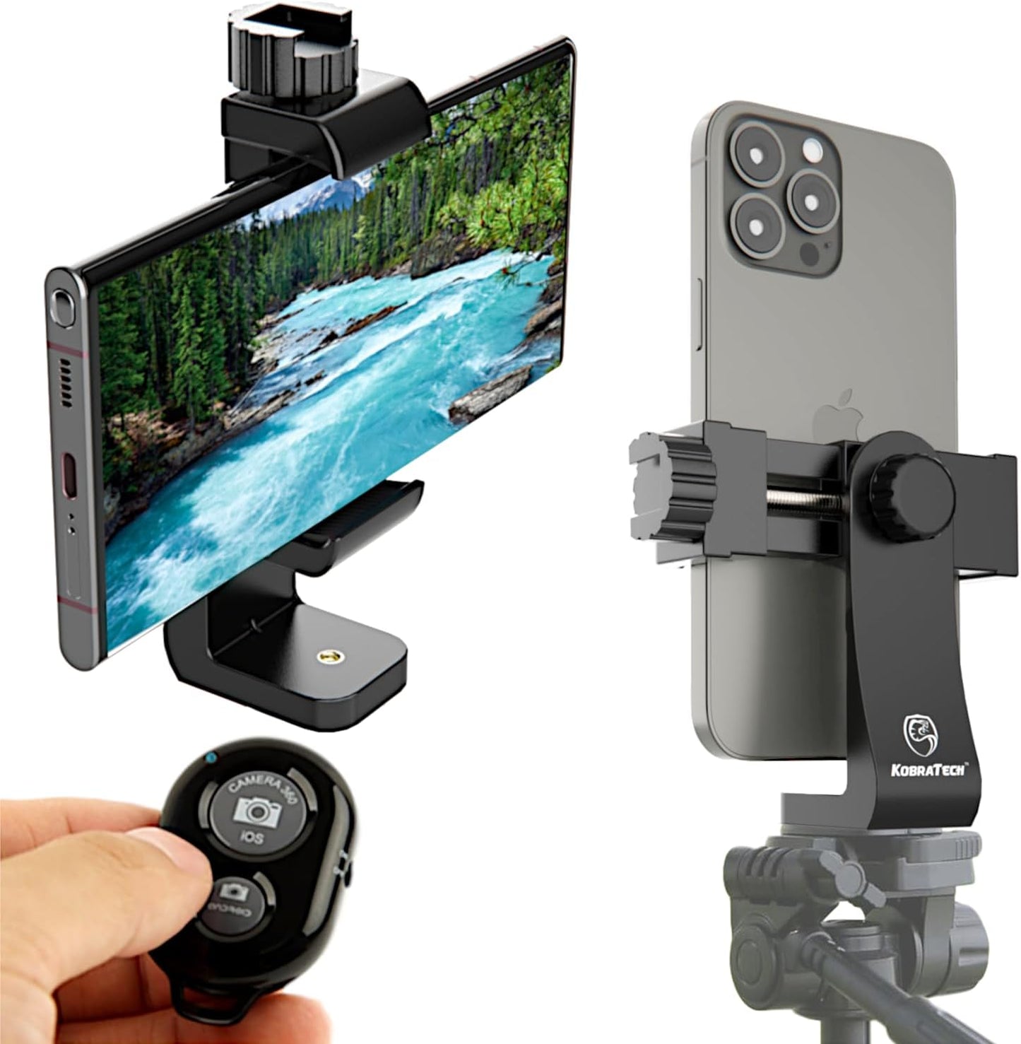 KobraTech iPhone Tripod Mount Adapter - Fits Any Smartphone - Includes Bluetooth Remote Shutter - UniMount 360 Universal Phone Holder for Tripod