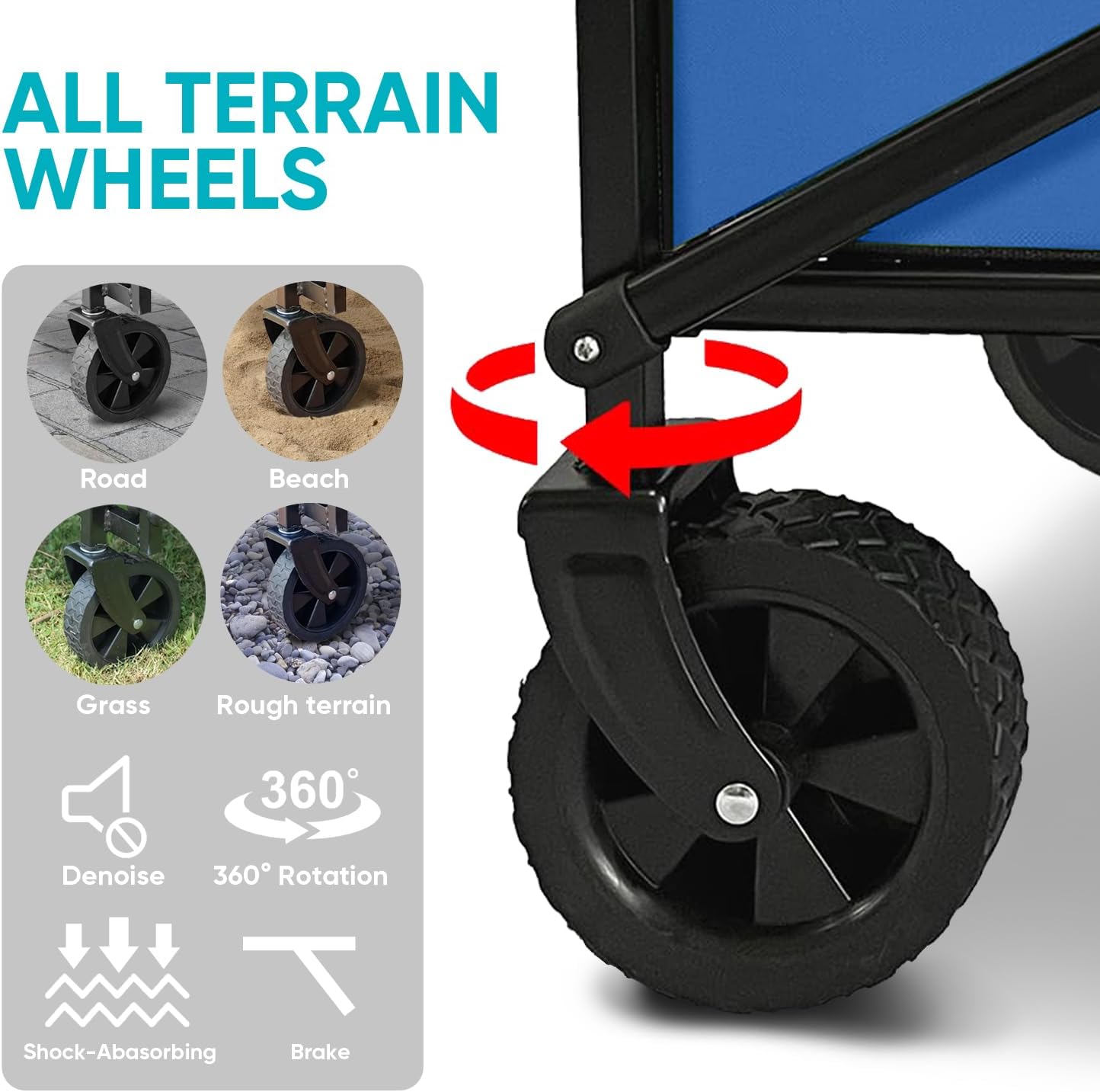 Collapsible Wagon with Quiet Wheels - Silent Grocery Shopping Cart for Seniors, Foldable Utility Cart for Laundry & Apartment, Washable Heavy Duty Rolling Wagon with Two Mesh Pockets, Blue