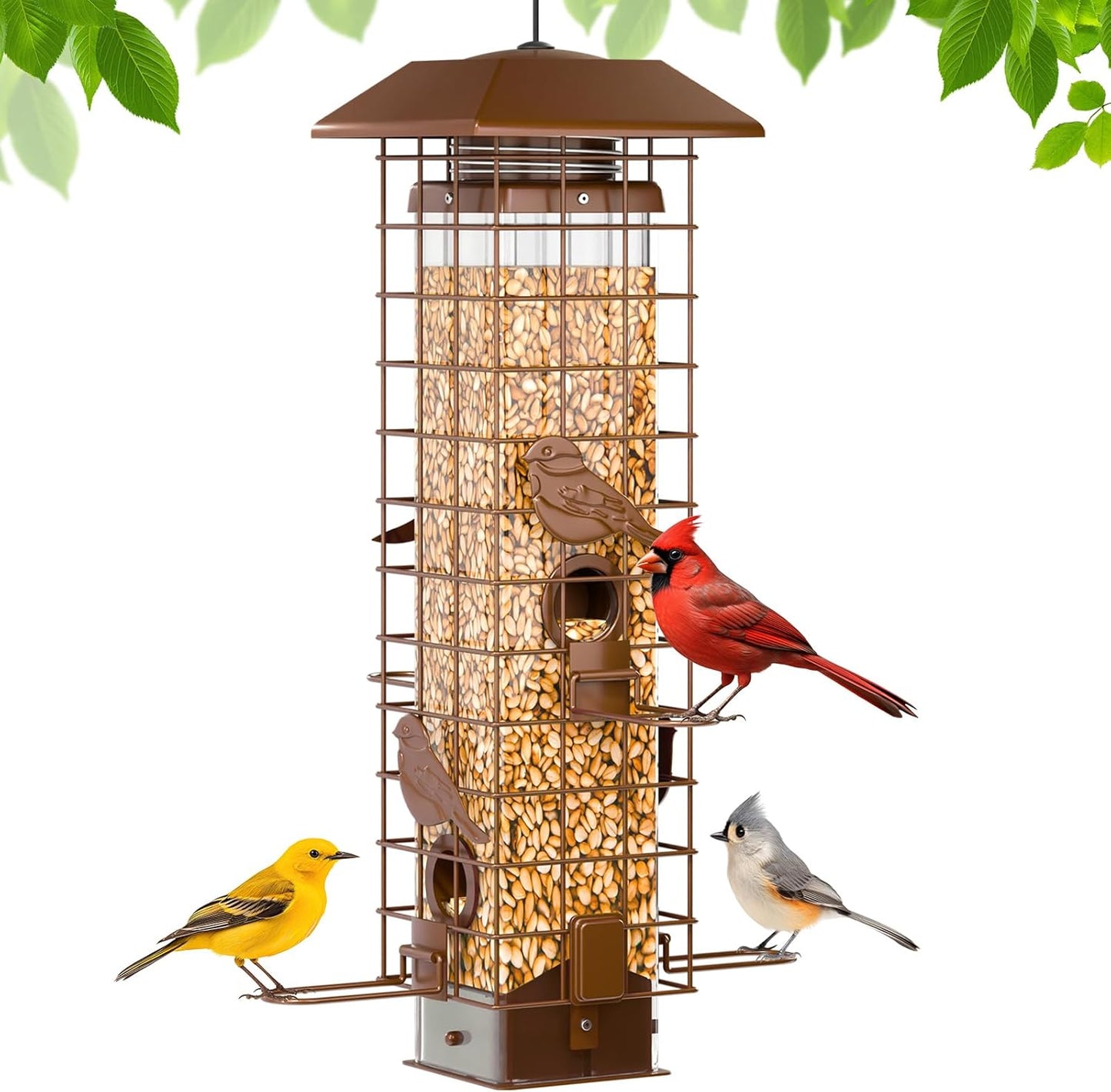 Squirrel-Proof Metal Bird Feeder with Removable Base, Weight-Activated Cage, Easy to Clean, Sturdy & Rust-Resistant, 3 lb Capacity, Outdoor Hanging Tube Bird Feeder for Cardinals & Finches