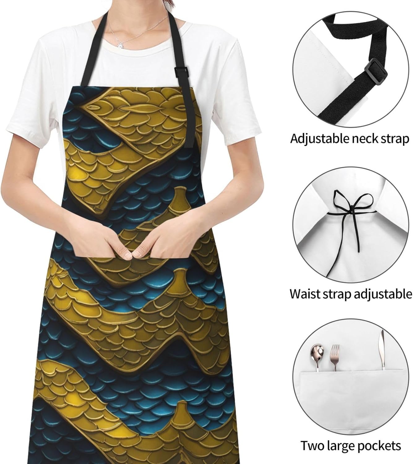 Dragon Scale print Waterproof apron with pocket adjustable cooking apr