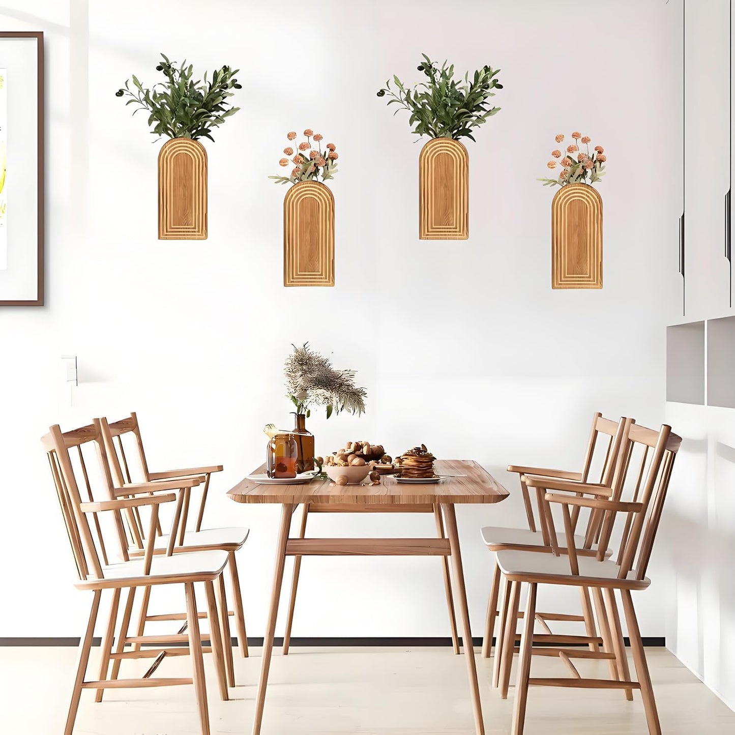 2 Pack Arched Wooden Wall Vases, Boho Wall Mounted Flower Vases with Ripple Texture, Modern Farmhouse Wall Decor for Dried Flowers, Greenery, Bathroom, Bedroom, Living Room (Natural Wood)