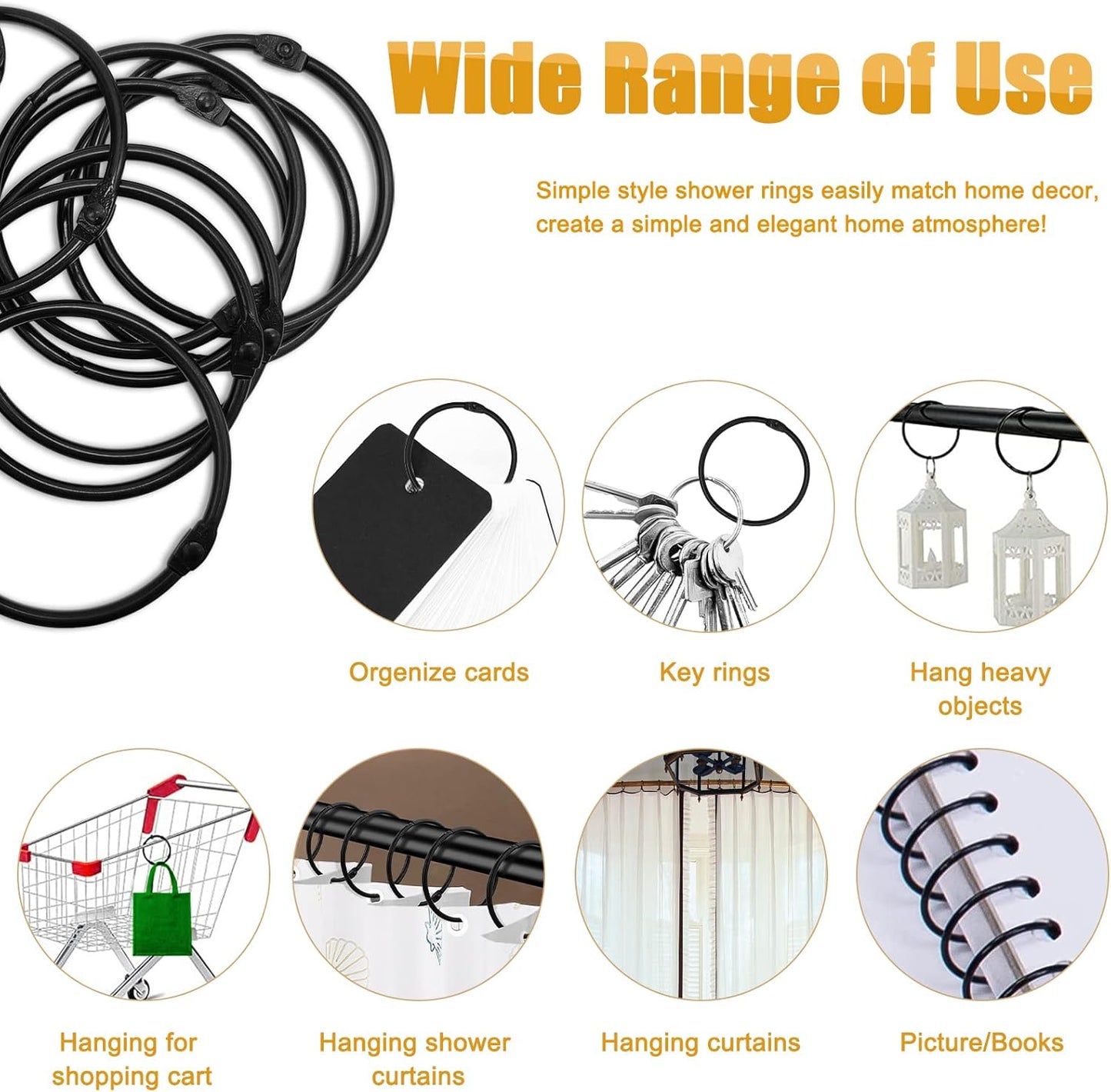 Shower Curtain Hooks Rings,24 Pcs Rustproof Metal Shower Hooks for Shower Curtain,Glide Smoothly Round Shower Rings for Curtain,Shower Curtain Rings for Bathroom Shower Rod,Snap Joint Design (Black)