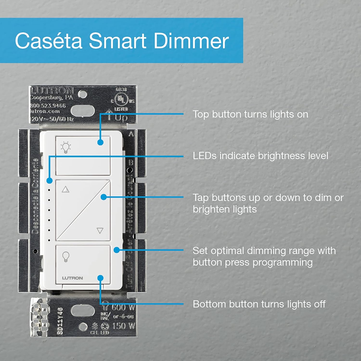 Lutron Caseta Original Smart Dimmer Switch (Lutron Smart Hub Required)