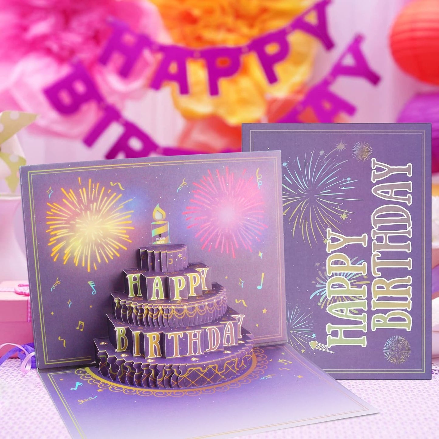 XTF2015 Happy Birthday Cards Fireworks, Lights, Music and Sound Fireworks Cake 3D Pop Up Birthday Cards Gift with Envelope and Note Tag for Women, Men, Kids, Wife, Mom, Husband