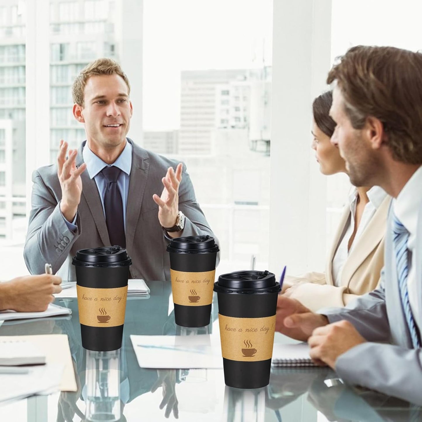 Lamosi 16 oz Coffee Cups 50 Pack, Disposable Coffee To Go Cups with Lids, Stir Sticks and Sleeves, 16 oz Black Hot Paper Cup for Home, Travel, Office