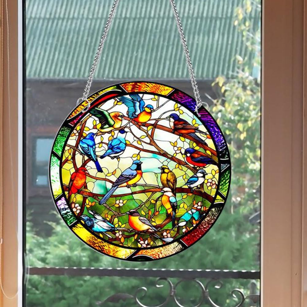 11.8'' Birds Acrylic Window Hangings, Stained Panel Colorful Indoor Outdoor Home Garden Ornaments (Bird Concert)