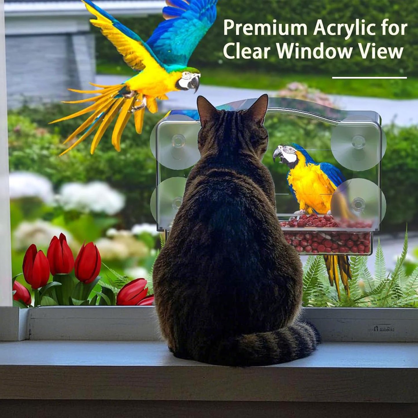 Window Bird Feeder Viewing Box - 10x6 Inches Acrylic Window Bird Feeder with 4 Strong Suction Cups, 3 Compartment Trays, Clear Birdfeeder with Enhanced Grip, Watching Cardinal for Cat