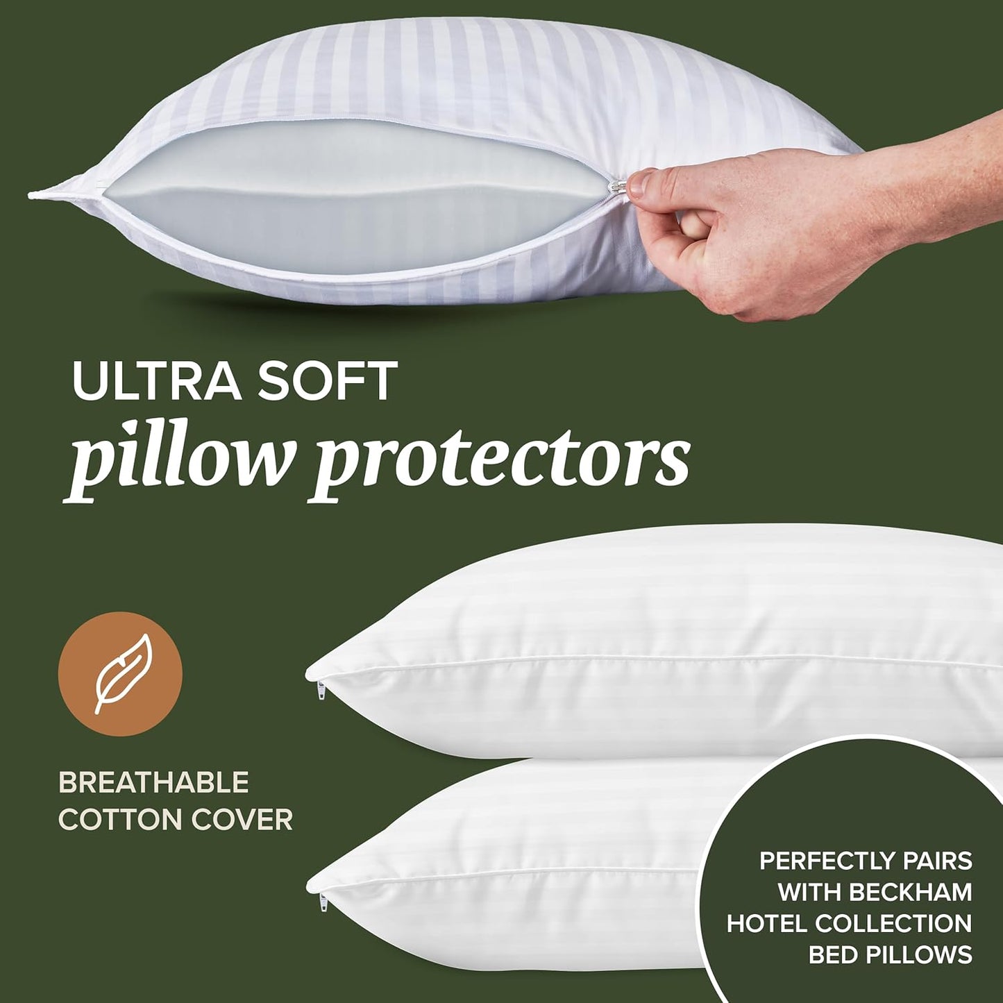 Beckham Hotel Collection King Size Pillow Protector 2 Pack with Zipper, Soft and Breathable Cotton Pillow Protector Covers