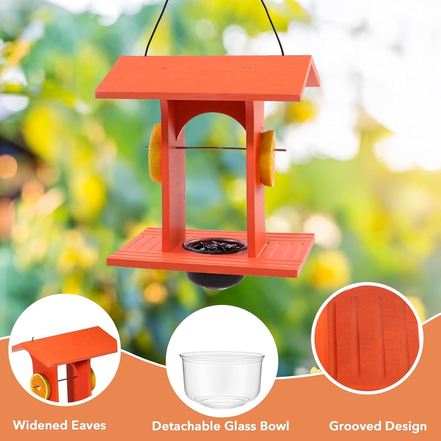 Oriole Feeder for Outdoors Hanging with Gift Box, Durable HDPE Plastic Oriole Jelly Feeder w/Fruit Holder & 6oz Glass Bowl, Bird Feeder for Orioles for Garden, Patio, Backyard