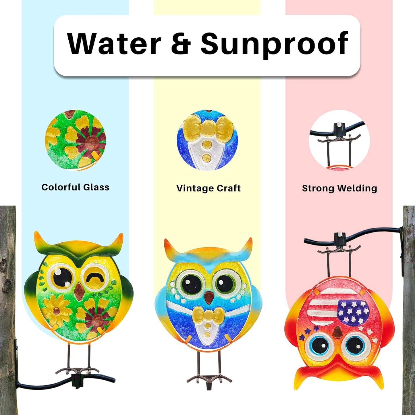 Owl Garden Decor for Outside, 3 Pack Metal & Glass Owl Yard Art, Lawn Ornaments Outdoor Decor for Porch Patio, Housewarming Birthday Gifts for Grandma Mom Women