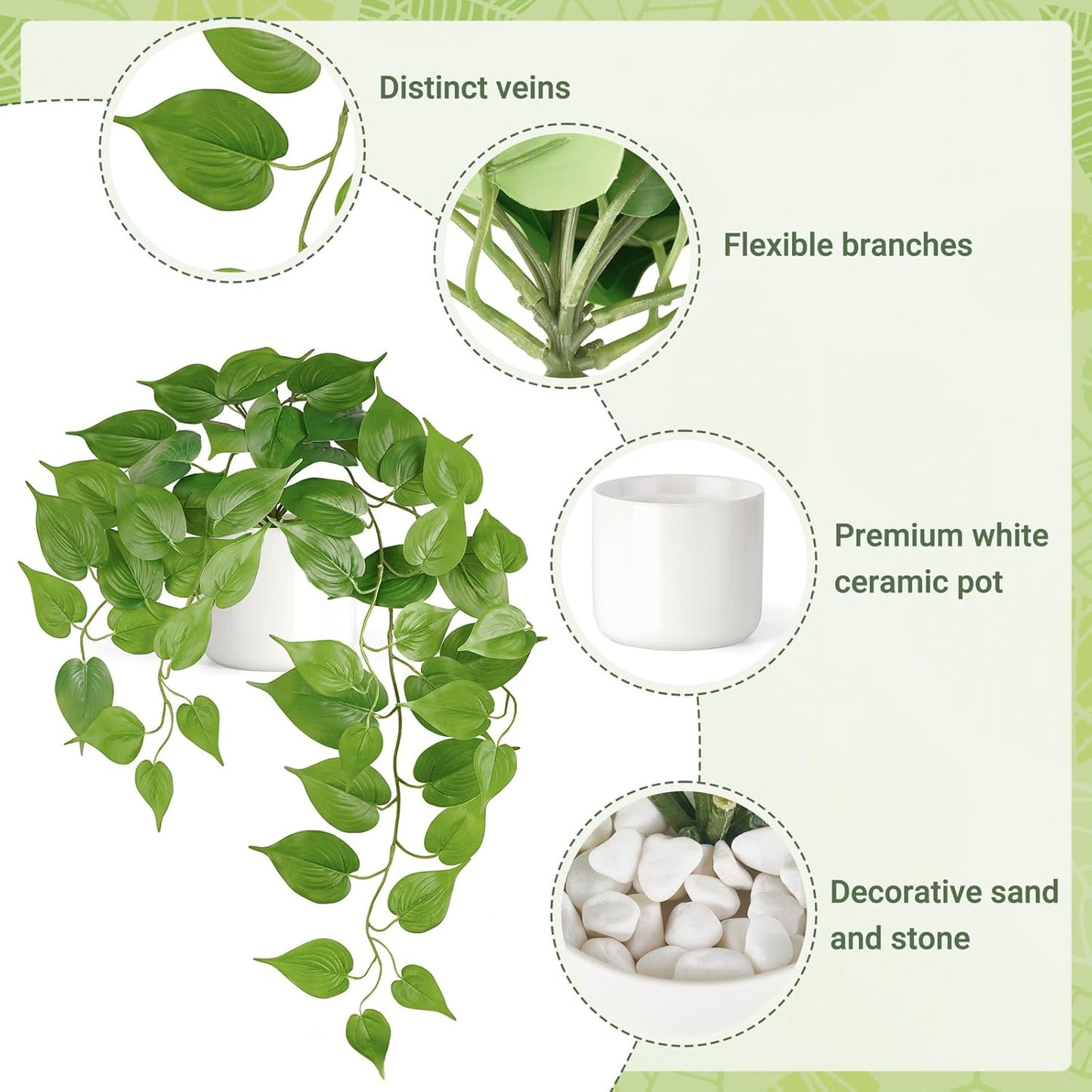 Mkono Fake Hanging Plants with Ceramic Pot, 25" Artificial Plants for Home Decor Indoor Faux Green Leaf Plant with Modern White Planter for Desk Shelf Bathroom Decoration (Pothos)
