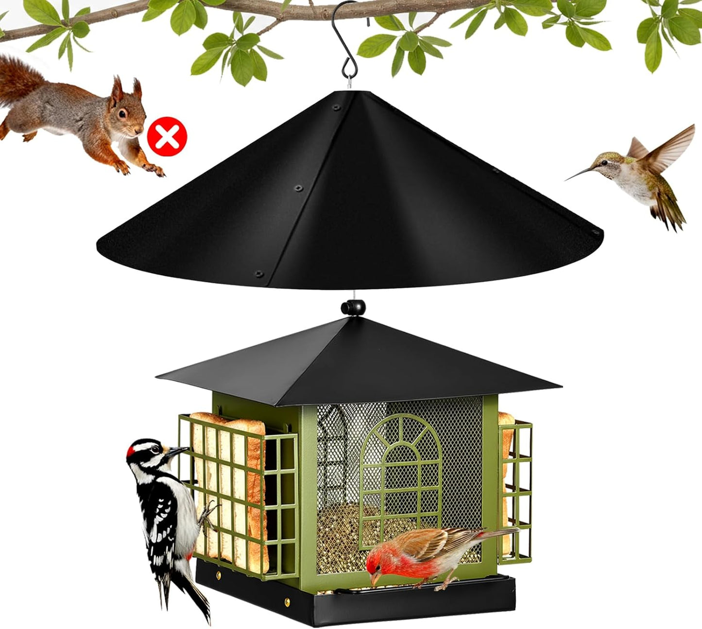 Large Squirrel-Proof Bird Feeder for Outdoors Hanging,Metal Bird Feeder with Squirrel Baffle,& Double Suet Cage,Suet Feeder,Humming Finch Cardinal Woodpecker Feeder,Great for Attracting Wild Birds