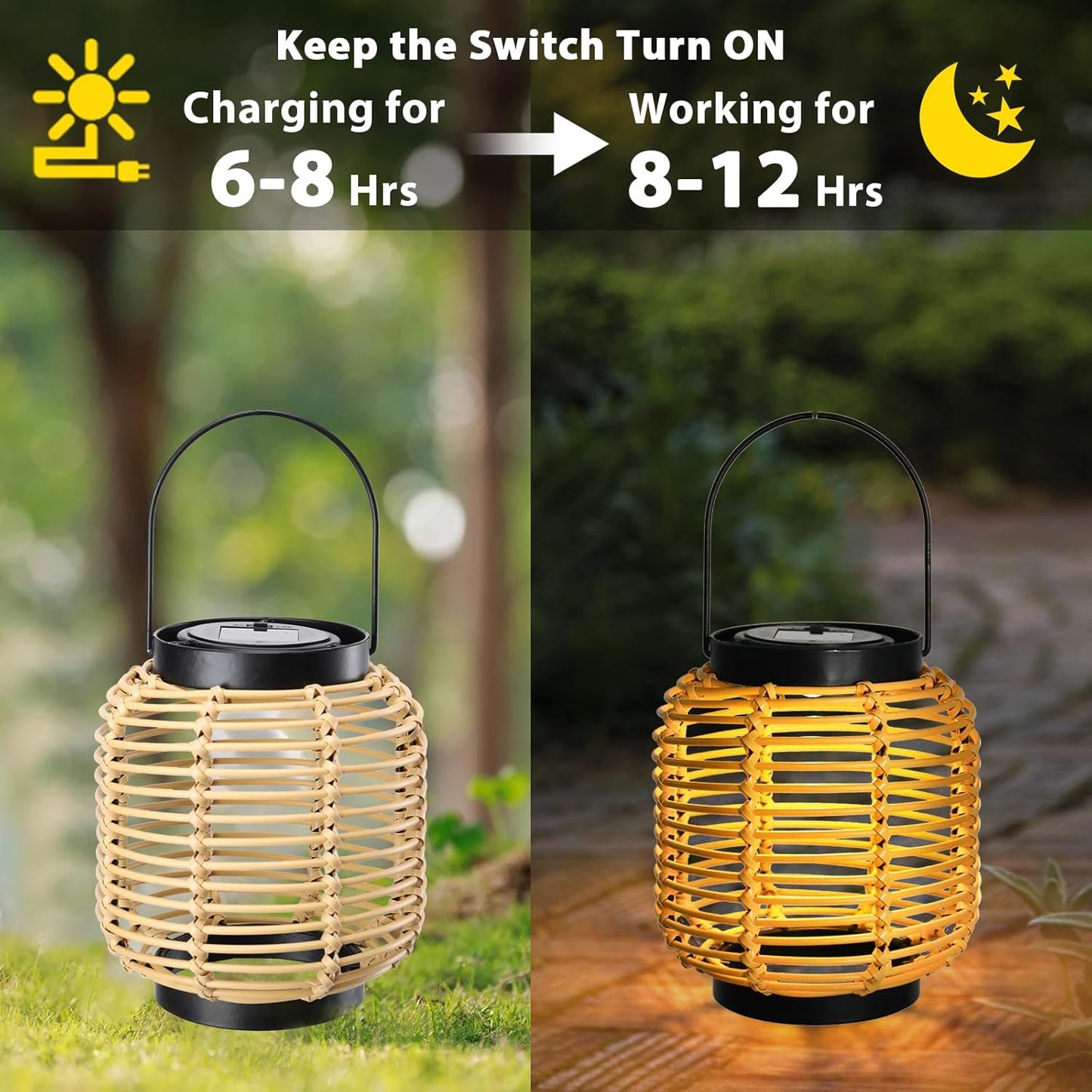 Afirst Solar Lanterns Outdoor, Natural Bamboo Hanging Solar Lights Waterproof Rattan Decorative Lanterns for Yard, Patio, Lawn, Tabletop, Pathway, Landscape, Garden Decor Gifts