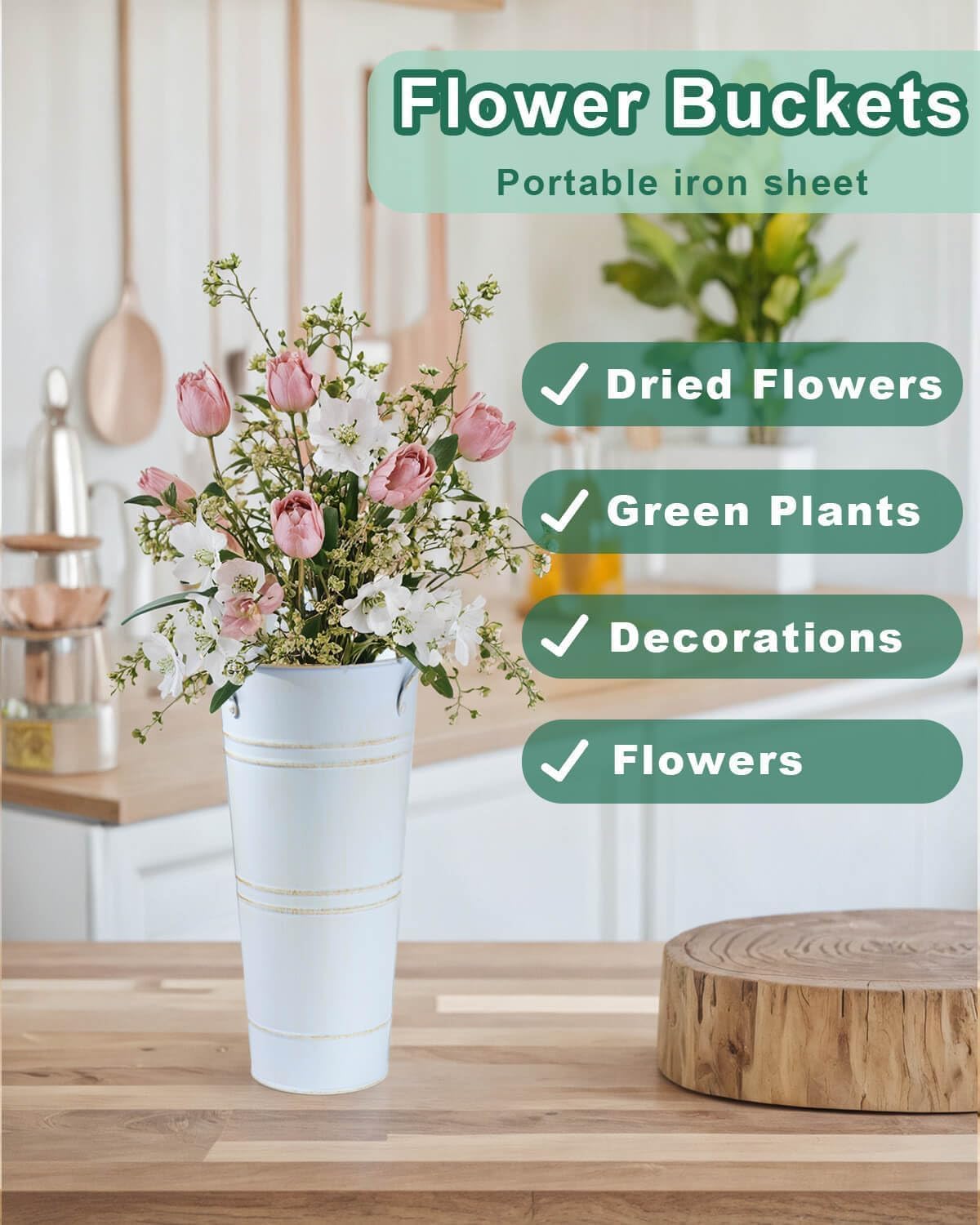 Vensovo Metal Flower Bucket Vase with Handles, 9 Inch White Rustic Farmhouse Centerpiece for Spring Home Decor & Wedding, Set of 2