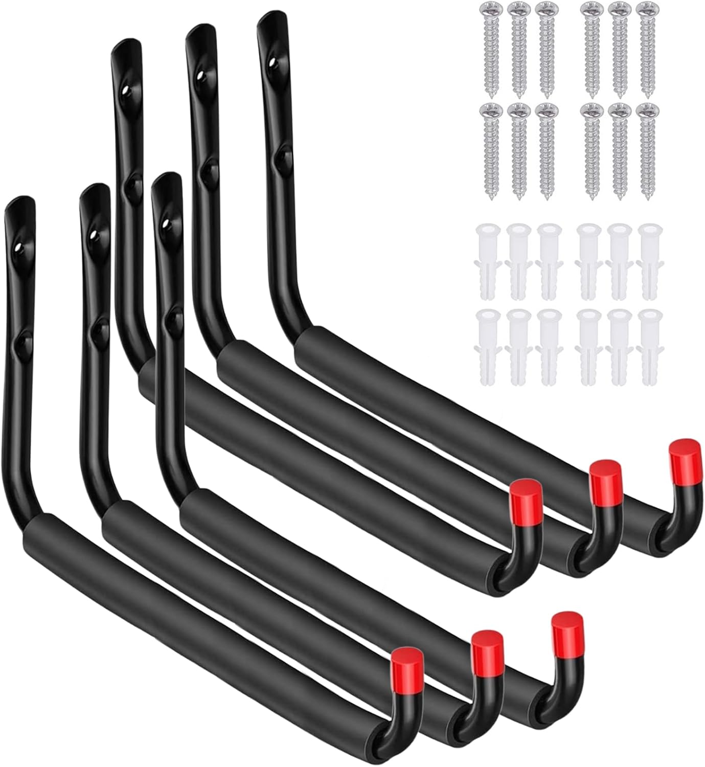6 Pack Garage Hooks Heavy Duty, Utility Steel Hooks with EVA Foam Padding, 15inch Wall Mount J Organizer Hanger for Hanging Bikes Kayak Garden Tool Hose Bike Shelf