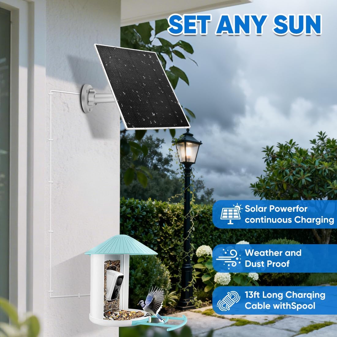 3W Solar Panel for Bird Feeder, Continuously 3W Power with Battery Sup