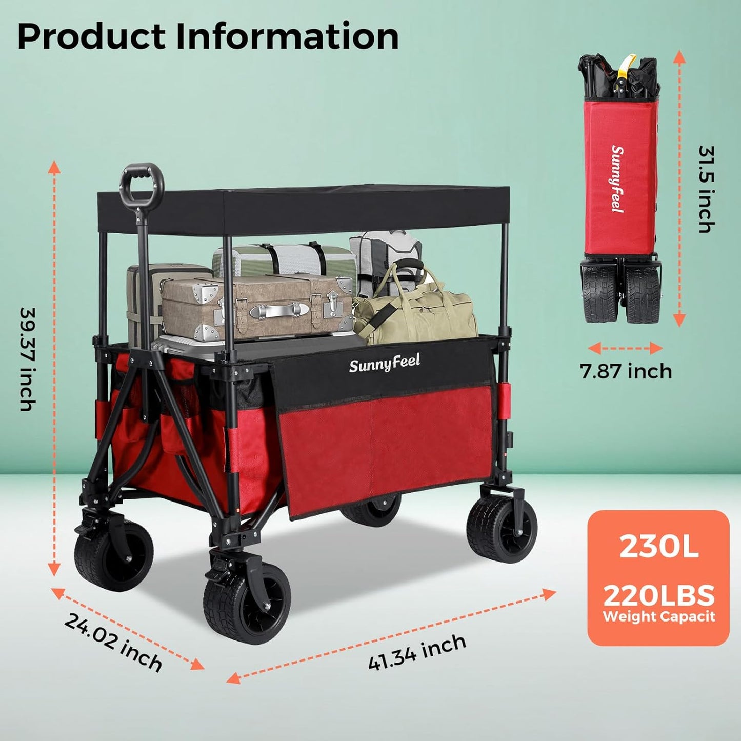 SUNNYFEEL 3 in 1 Wagon with Canopy 220lbs,230L Wagon Cart Foldable with 7'' All-Terrain PVC Wheel & Rear Hanging Shelf,Red