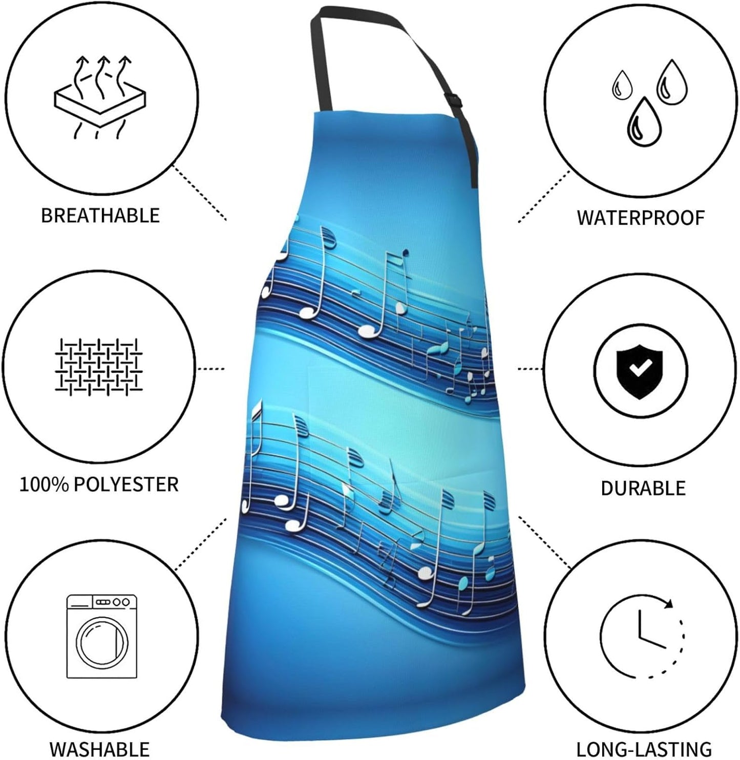 Sky blue musical notes Print Laundry apron 28x33 In Waterproof Kitchen Apron with Pockets for Cooking Baking