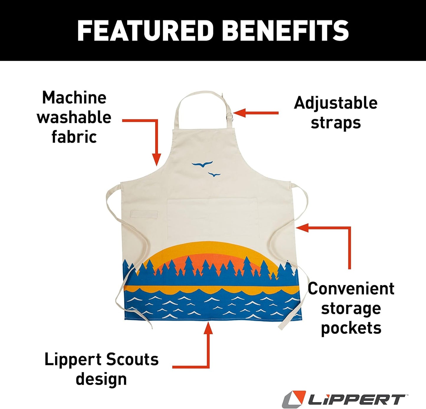 Lippert™ Scouts Apron – Perfect for cooking, grilling, cleaning, gardening, crafting – Comfortable and durable cotton twill material – Three storage pockets and towel loop for convenience – 2022107842