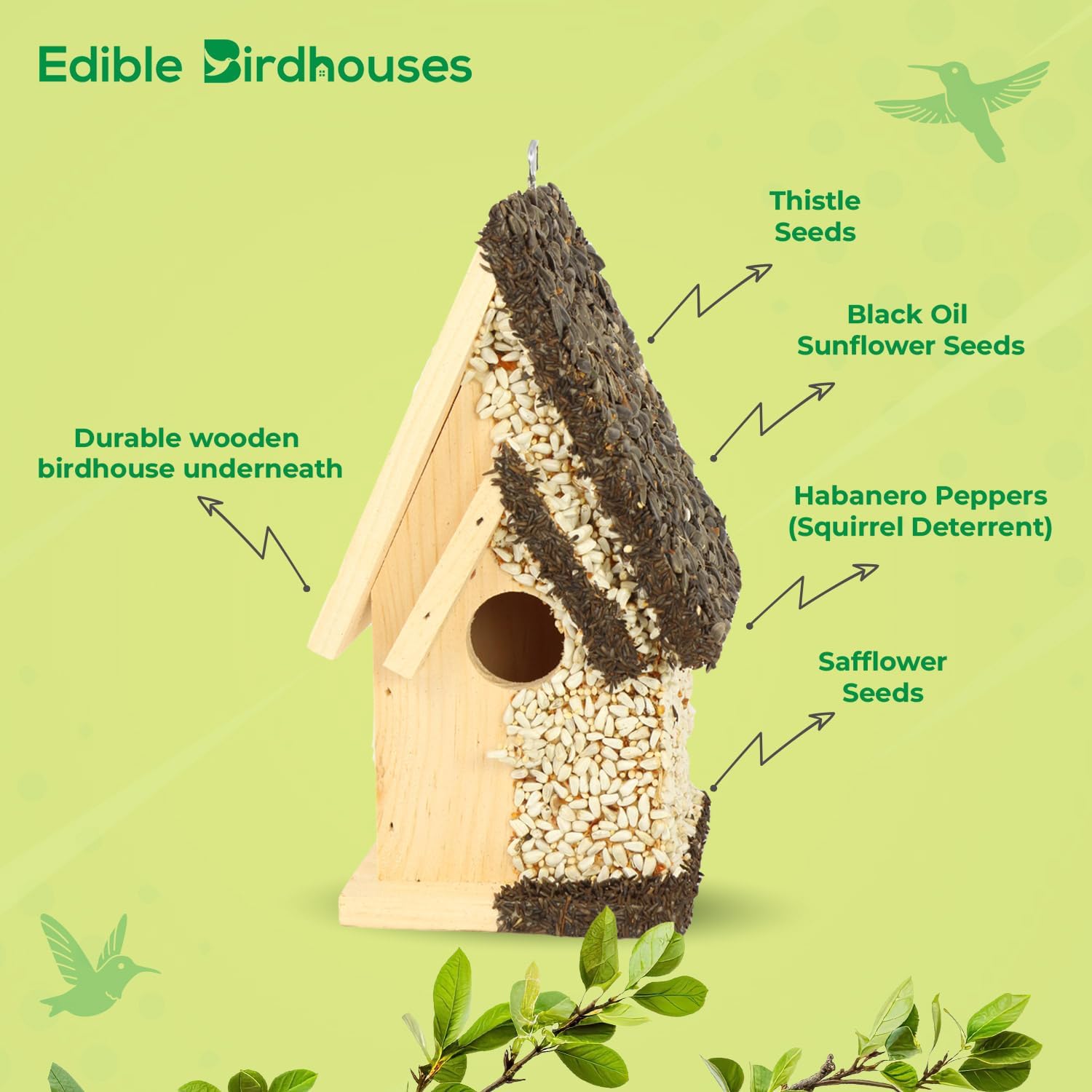 Edible Birdhouse - Birdseed Bird Feeder, Wooden Birds House Covered in