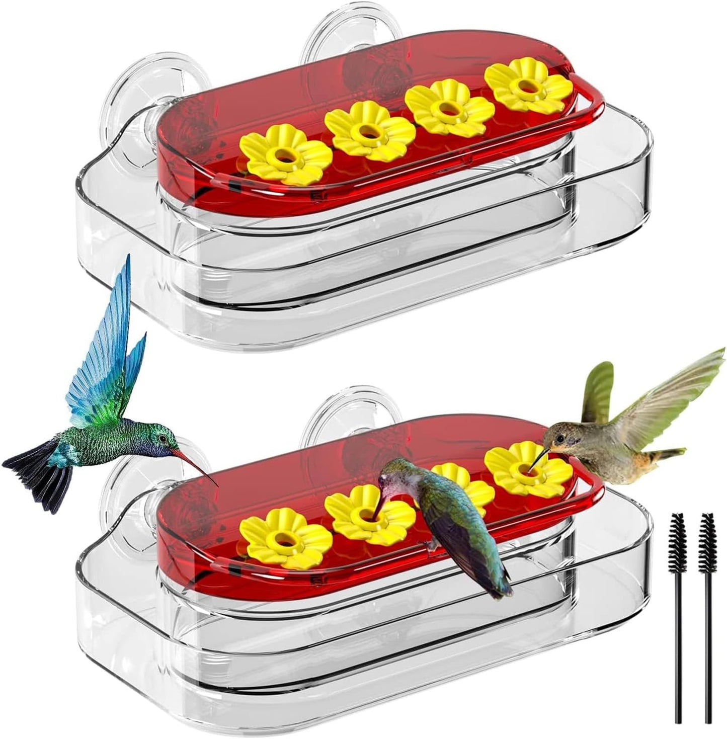 Redboat 2 Pack Window Hummingbird Feeder, Strong Suction Cup Hummingbird Feeder with 4 Feeding Ports, Easy to Clean and Refill Plastic Humming Bird Feeder, 10oz