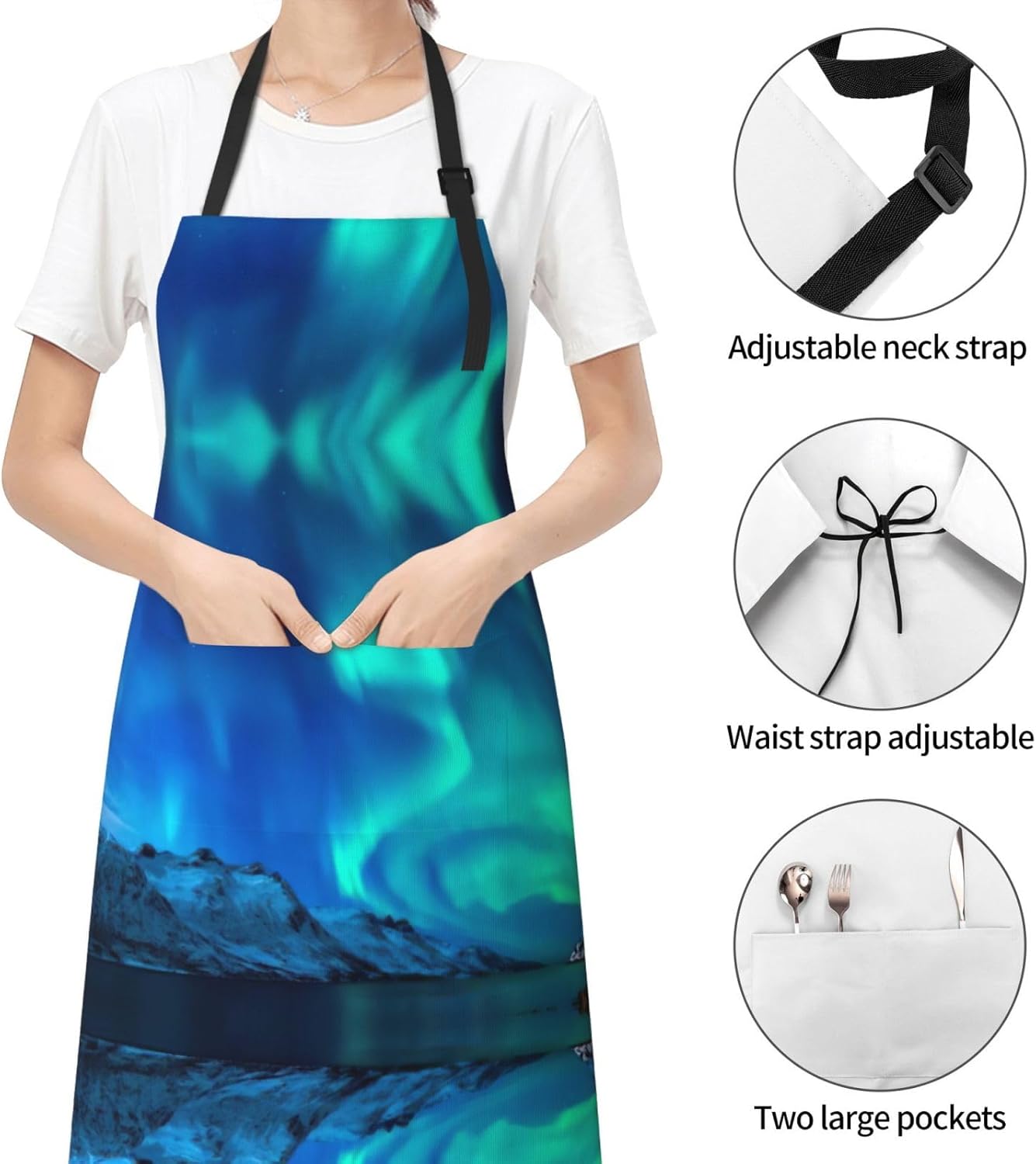 Northern Lights print Waterproof apron with pocket adjustable cooking apron for adult kitchen bibs to bake