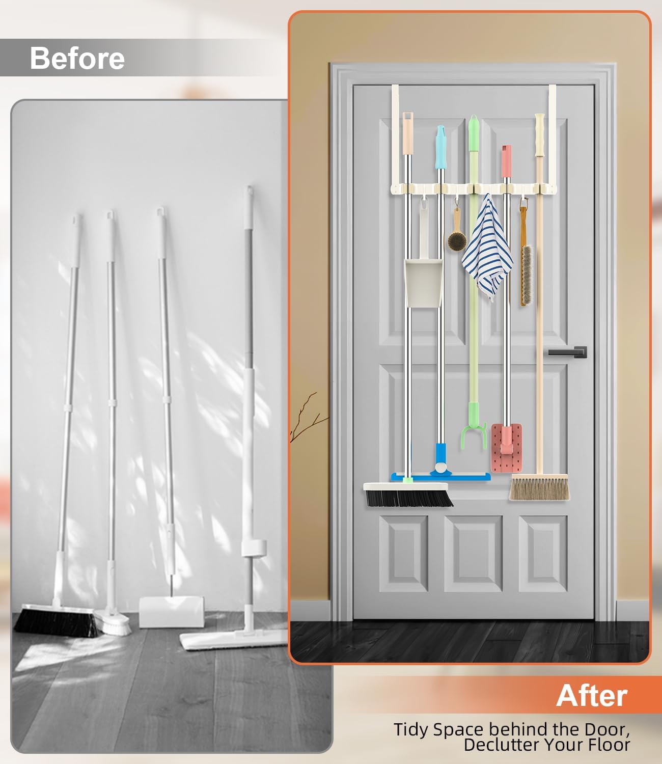 Broom Holder Over The Door Drilling Free Mop and Broom Holder with 4 Over Door Hook, Metal Mop and broom hanger Wall Mount Broom Storage Tool Organizer for Laundry Room Garage Bathroom - light beige