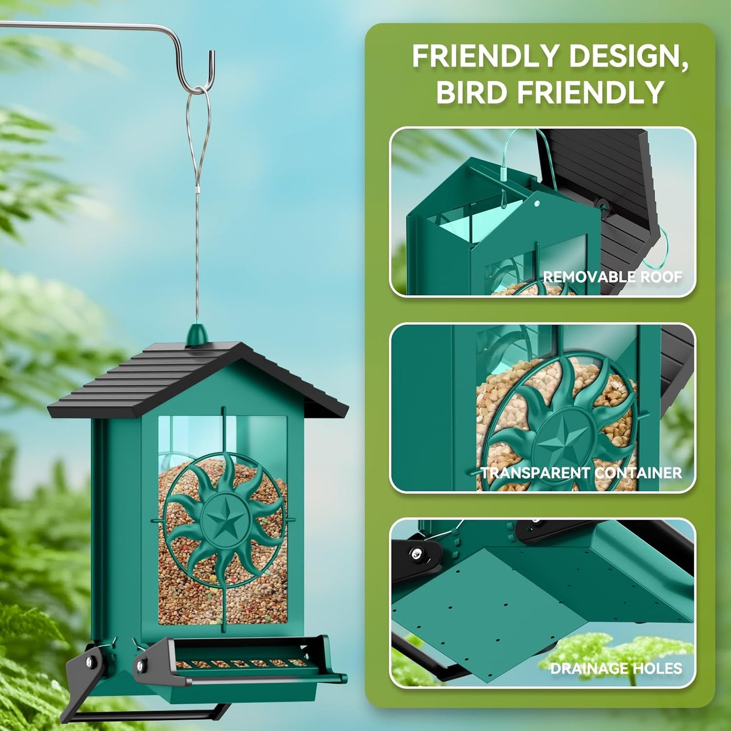 Metal Squirrel Proof Bird Feeders for Outdoors Hanging with Weight Activated Perches, 5LB Large Weatherproof Wild Bird Feeders for Cardinals, Blue Jay, Finch, Durable Backyard Feeders -Green