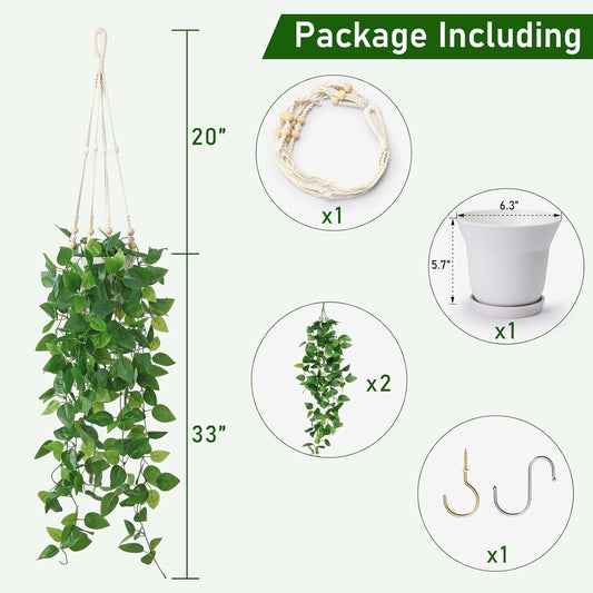 Artificial Hanging Plants with Boho Macrame Plant Hanger - Fake Ivy Vines in Pot for Wall, Bedroom Home Faux Greenery for Indoor Outdoor Decor (1 Pack)