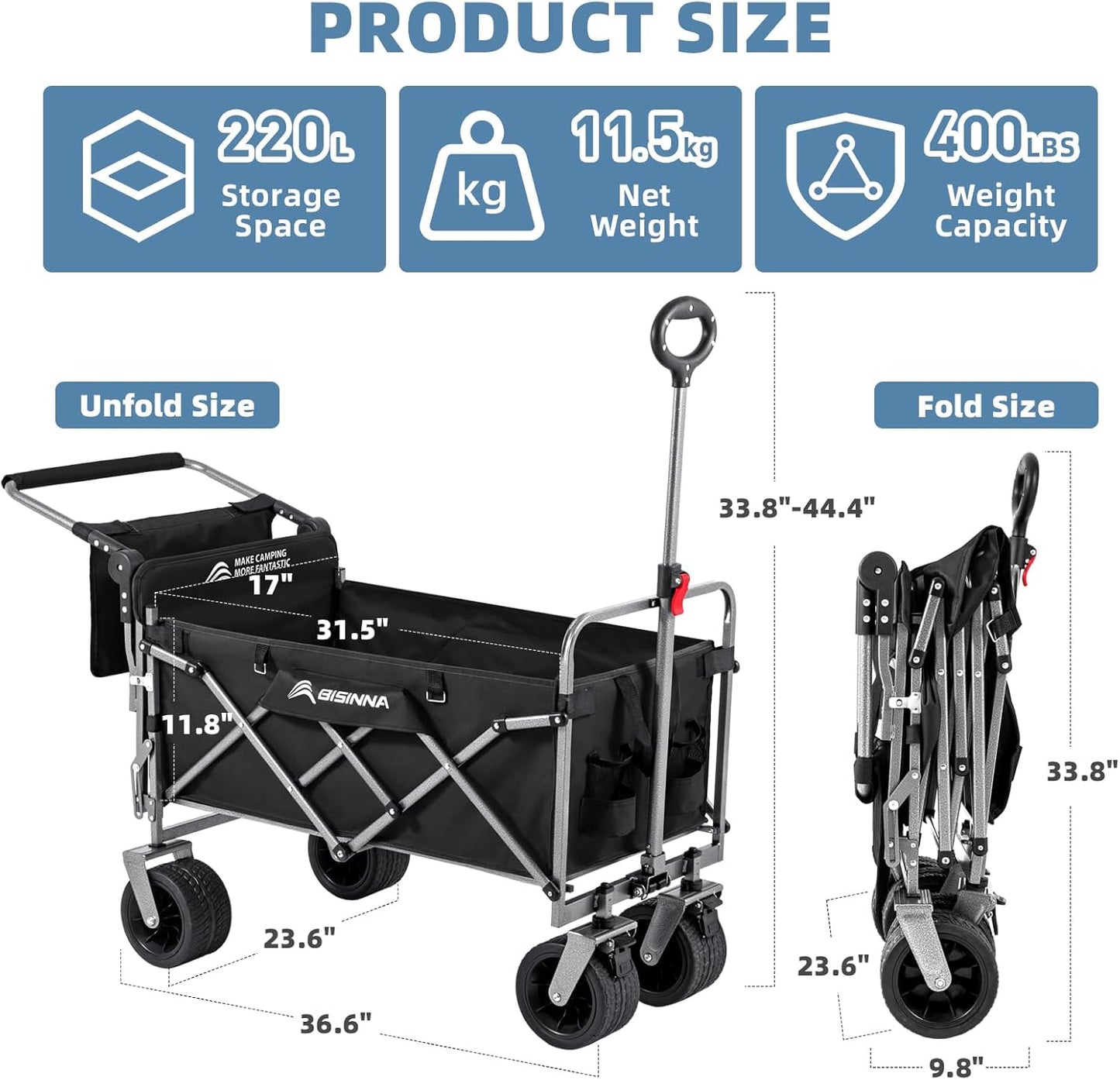 BISINNA Collapsibale Wagon Foldable 400LB Heavy Duty Folding Beach Cart Large Capacity Wagons with Tailgate Big All-Terrain Wheels Utility Outdoor Portable Wagon for Camping, Garden