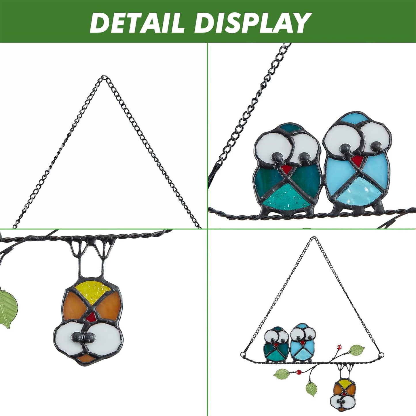 Stained Glass Birds,owl,Stained Glass Window Hanging,Multicolor Owls on The Living Tree with Green Leaf and red Berries,Bird suncatcher for Windows Room Home,Deco,Gift for Mom,and Bird Lovers.