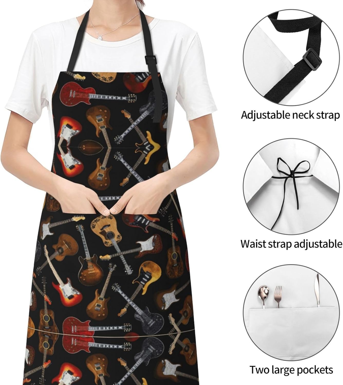 Guitars print Waterproof apron with pocket adjustable cooking apron fo