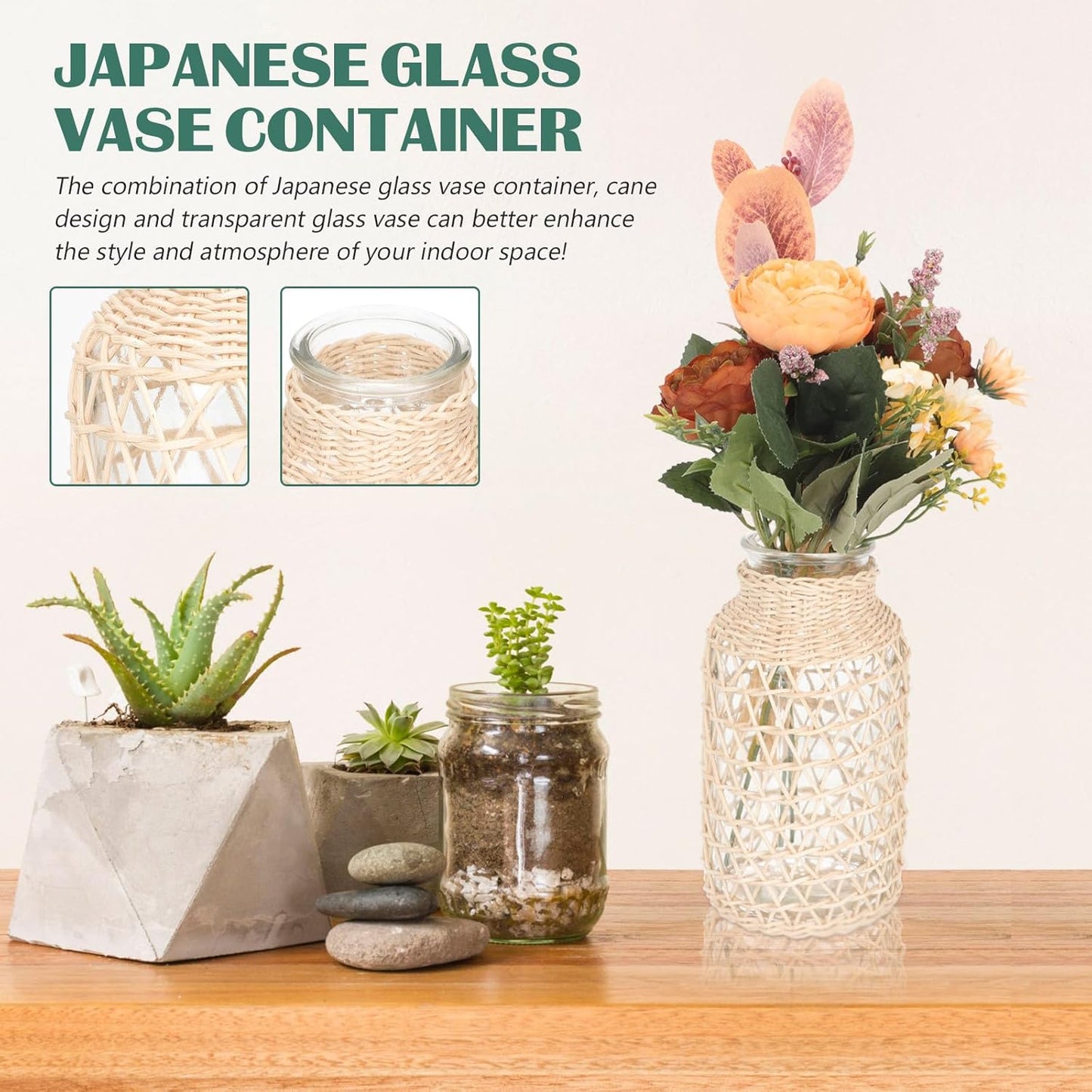 Milisten Creative Rattan Flower Vase Small Triangle Shape Indonesian White Vine Glass Plants Container Decorative Planter Pot for Living Room Boho Home Décor
