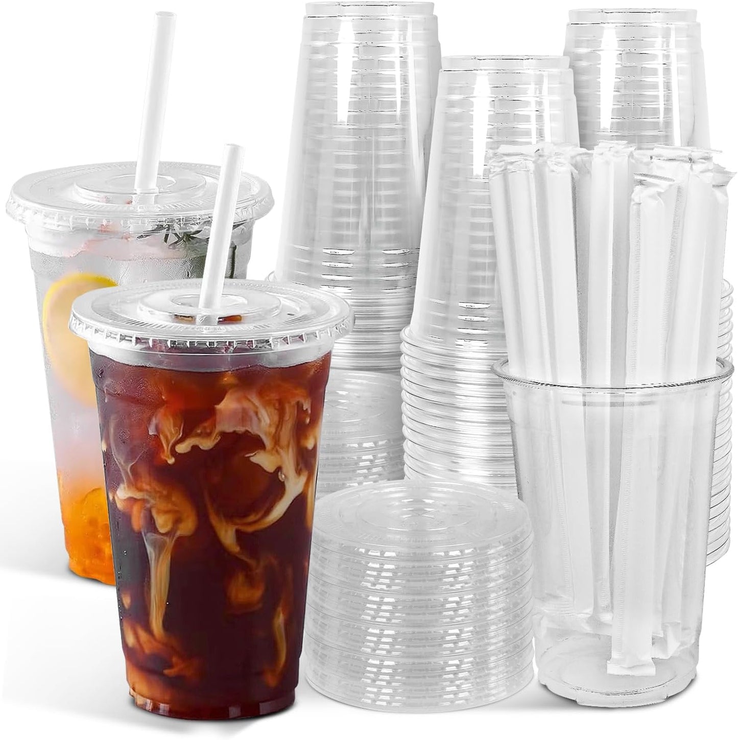 Ginkgo 100-Pack 20oz Clear Plastic Iced Coffee Cups with Lids and Stra