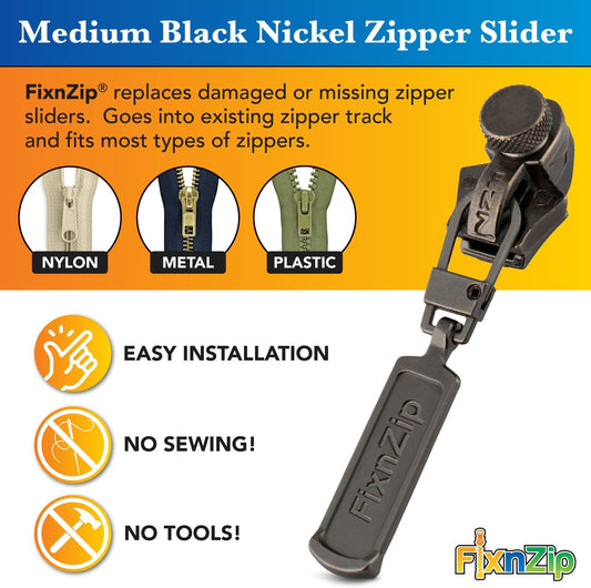 FixNZip Medium Black Nickel Zipper Repair Kit | Universal No-Sew Slider Replacement for Jackets, Sleeping Bags, Tents, and Duffel Bags | Instant and Reusable Zipper Repair Tool | Sizes 5-7