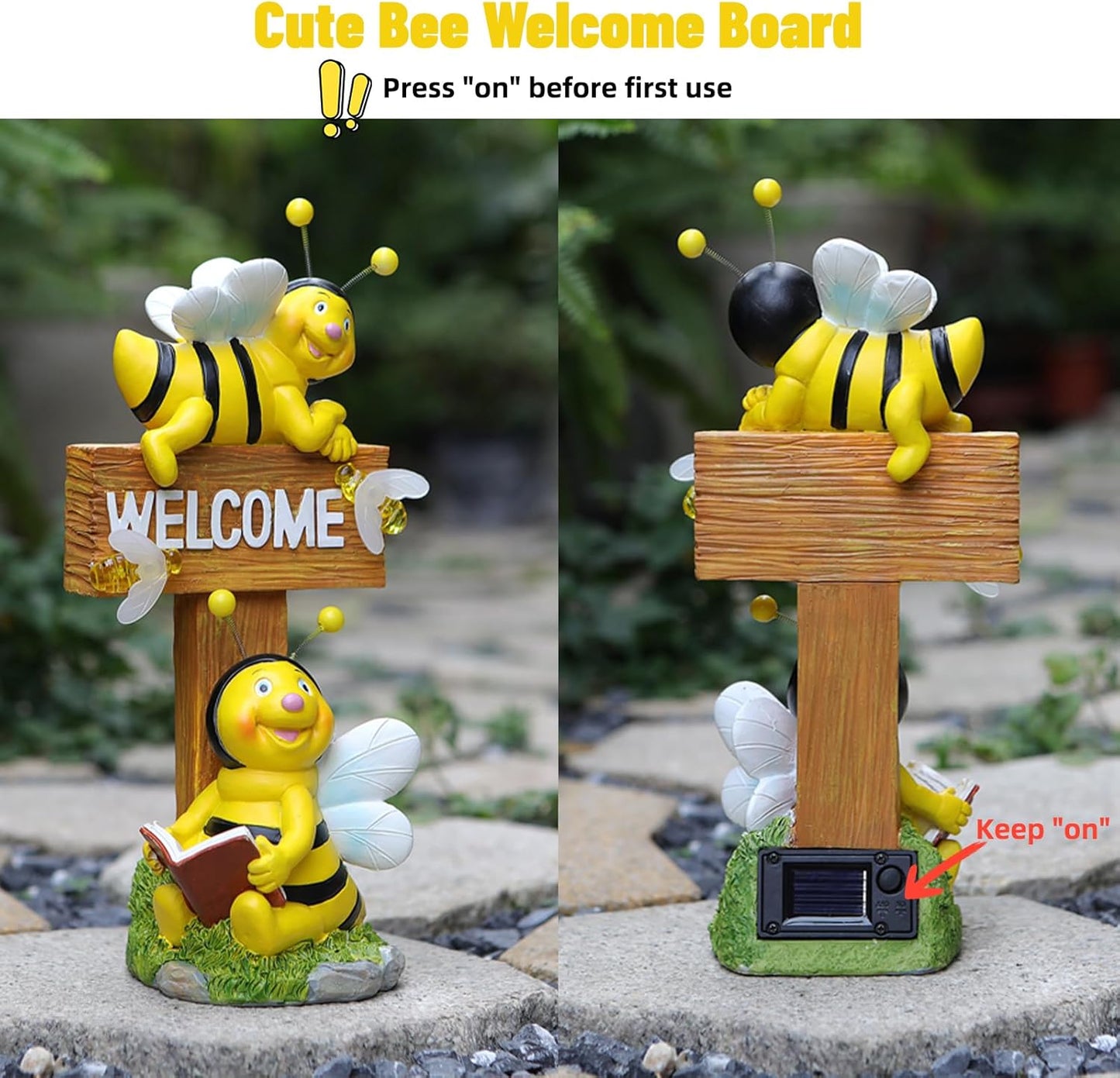 AVEKI Solar Garden Bee Statues Outdoor Decor Welcome Board Porch Decorations with Solar Light Waterproof Garden Decor for Yard Art Lawn Patio Balcony Women Garden Gifts for Mom Grandma