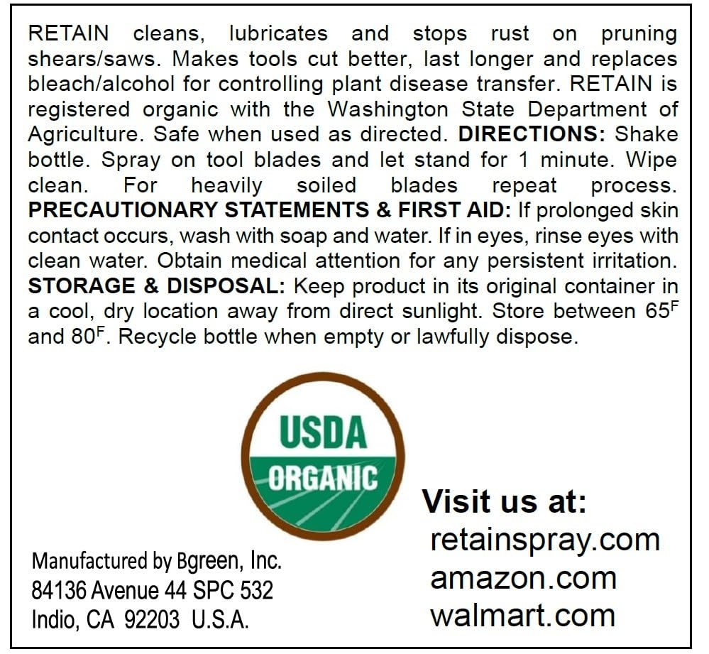 RETAIN Organic Pruning Tool Cleaner, No Rust & Lubricant 32 oz Spray