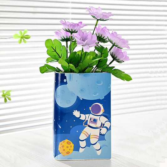 Ceramic Book Shaped Vase Cute Bookshelf Decor Star Astronauts Pot Planter Bookends Planter Simple Modern Flower Bud Vase Unique Vase for Book Lovers Gifts (A-1pcs, M)
