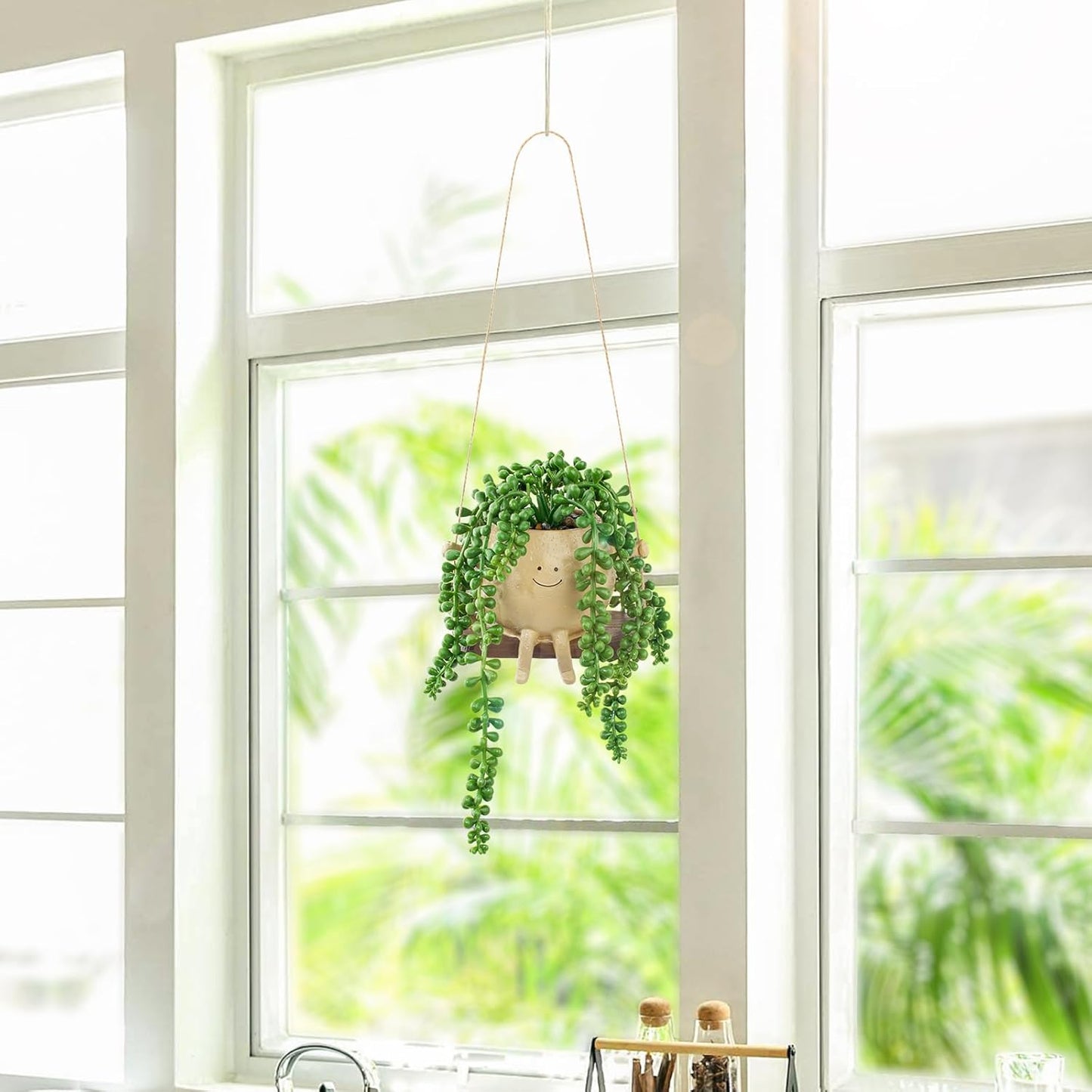 Artificial Hanging String of Pearls Succulent in Cute Smiley Face Swing Planter, Fake Trailing Succulent Plant for Indoor Outdoor Home Wall & Window Decor | Includes Hanging Hook
