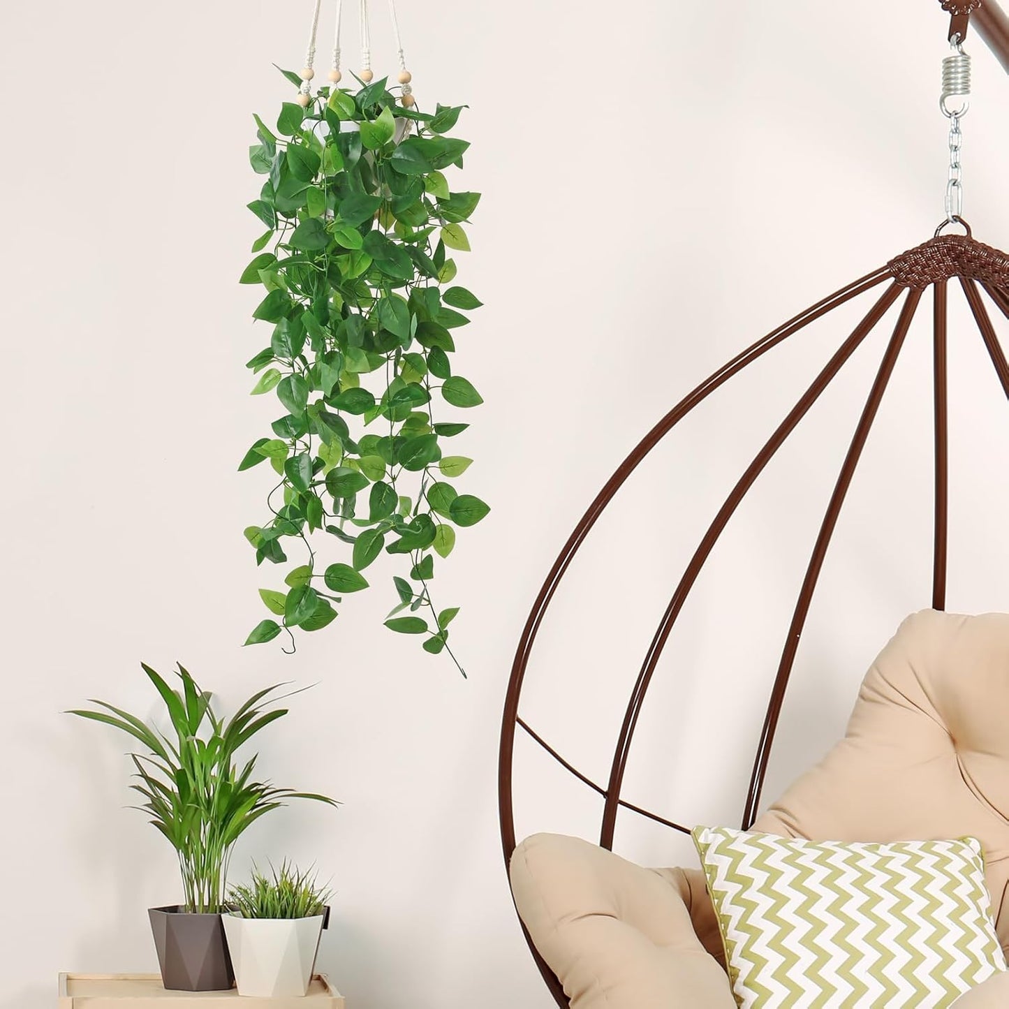 Artificial Hanging Plants with Boho Macrame Plant Hanger - Fake Ivy Vines in Pot for Wall, Bedroom Home Faux Greenery for Indoor Outdoor Decor (1 Pack)
