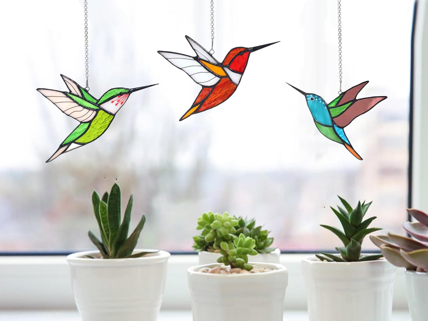 Lolitarcrafts Hummingbird Stained Glass Window Hangings Bird Stained Glass Suncatchers Hummingbird Gifts for Mom,Bird Lovers (Green)