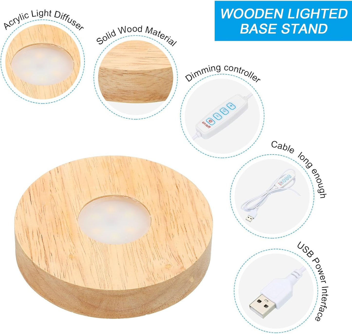 PATIKIL 4 Inch Wooden LED Light Base, Wood Light Display Base Stand Lighting with Switch for 3D Crystal Glass Aroma Stone Art, 3 Color Light